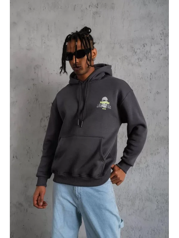 Erkek Kordonlu Maske Baskılı Kapşonlu Sweat - Gri