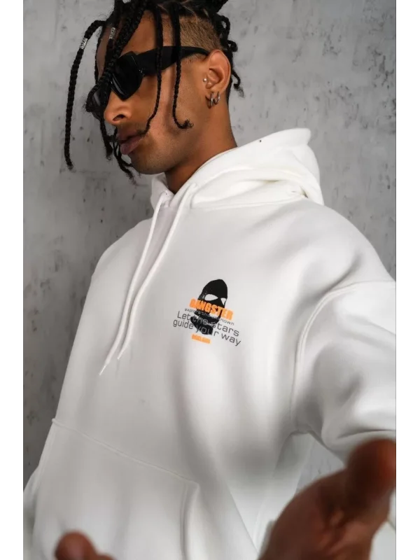 Erkek Kordonlu Maske Baskılı Kapüşonlu Sweat - Beyaz
