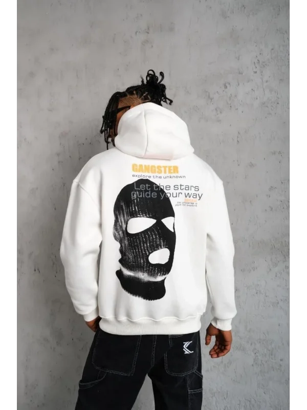 Lushiowear Erkek Maske Baskılı 3 iplik pamuklu Kapüşonlu Sweatshirt hoodie - Beyaz