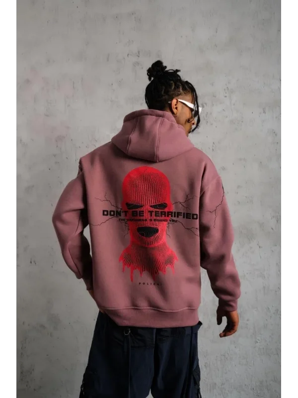 Lushiowear Erkek 3 İplik Pamuklu Kapüşonlu Baskılı Cepli Sweatshirt Hoodie - Gül Kurusu