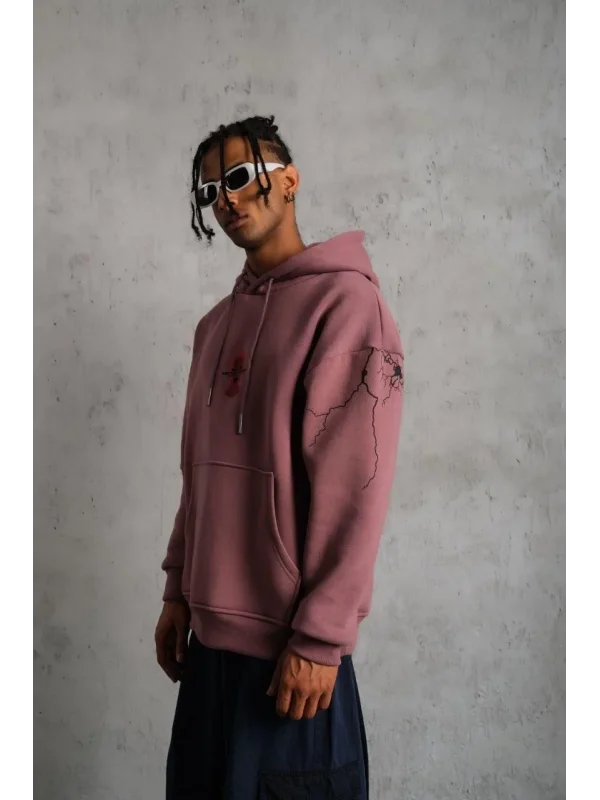 Lushiowear Erkek 3 İplik Pamuklu Kapüşonlu Baskılı Cepli Sweatshirt Hoodie - Gül Kurusu