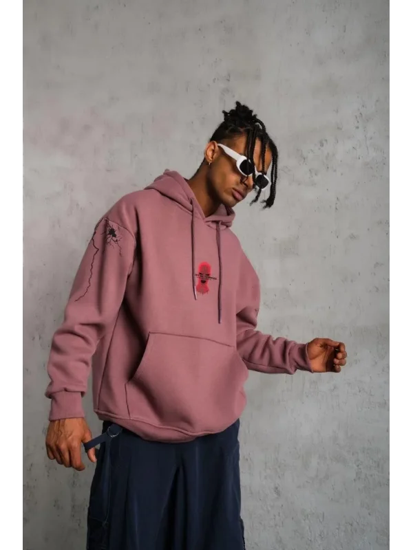 Lushiowear Erkek 3 İplik Pamuklu Kapüşonlu Baskılı Cepli Sweatshirt Hoodie - Gül Kurusu