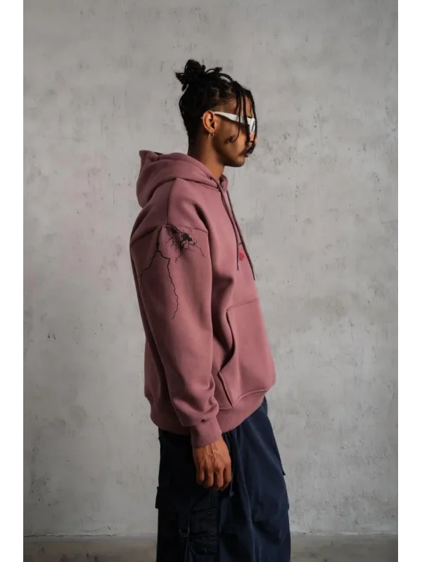 Lushiowear Erkek 3 İplik Pamuklu Kapüşonlu Baskılı Cepli Sweatshirt Hoodie - Gül Kurusu