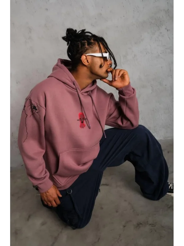 Lushiowear Erkek 3 İplik Pamuklu Kapüşonlu Baskılı Cepli Sweatshirt Hoodie - Gül Kurusu