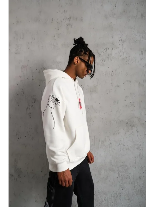 Lushiowear Erkek 3 İplik Pamuklu Kapüşonlu Baskılı Cepli Oversize Sweatshirt Hoodie - Beyaz