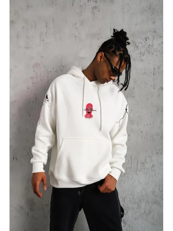 Lushiowear Erkek 3 İplik Pamuklu Kapüşonlu Baskılı Cepli Oversize Sweatshirt Hoodie - Beyaz