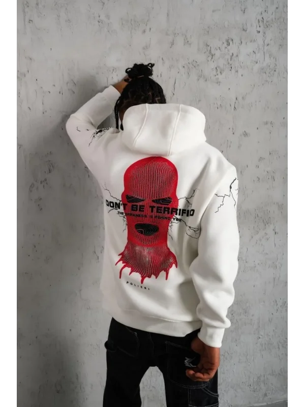 Lushiowear Erkek 3 İplik Pamuklu Kapüşonlu Baskılı Cepli Oversize Sweatshirt Hoodie - Beyaz