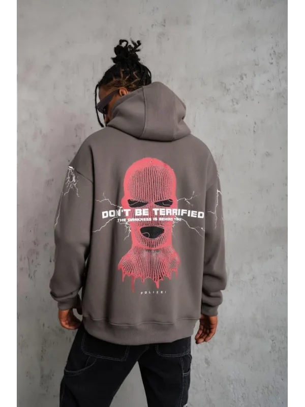 Lushiowear Erkek 3 İplik Pamuklu Kapüşonlu Baskılı Cepli Oversize Sweatshirt Hoodie - Gri