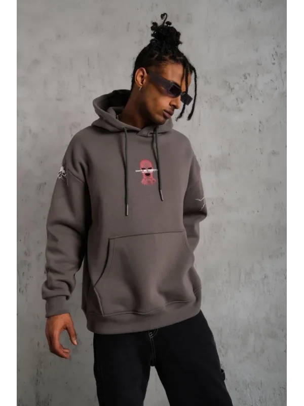 Lushiowear Erkek 3 İplik Pamuklu Kapüşonlu Baskılı Cepli Oversize Sweatshirt Hoodie - Gri