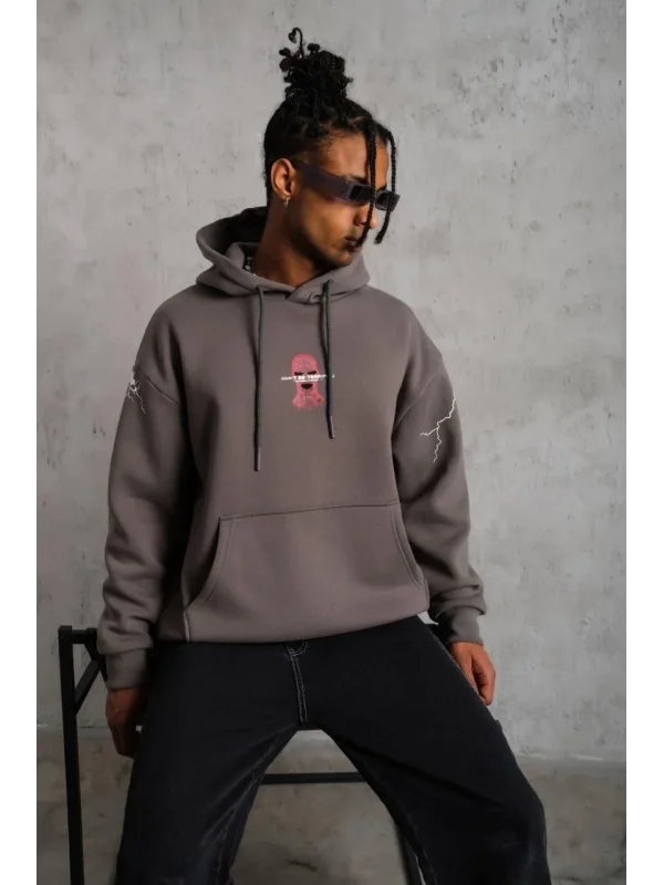 Lushiowear Erkek 3 İplik Pamuklu Kapüşonlu Baskılı Cepli Oversize Sweatshirt Hoodie - Gri