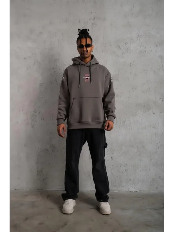 Lushiowear Erkek 3 İplik Pamuklu Kapüşonlu Baskılı Cepli Oversize Sweatshirt Hoodie - Gri
