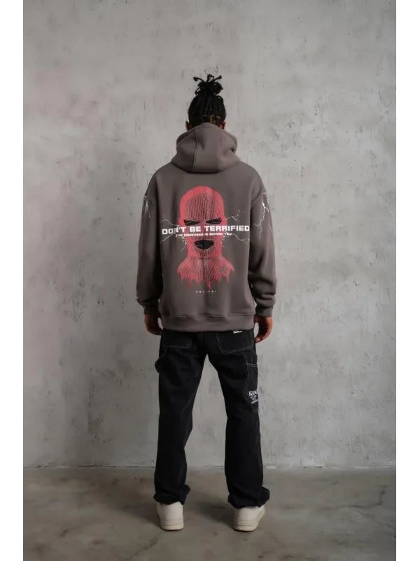 Lushiowear Erkek 3 İplik Pamuklu Kapüşonlu Baskılı Cepli Oversize Sweatshirt Hoodie - Gri