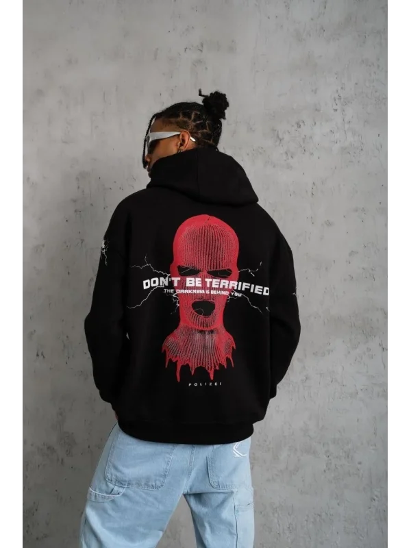 Lushiowear Erkek 3 İplik Pamuklu Kapüşonlu Baskılı Cepli Oversize Sweatshirt Hoodie - Siyah
