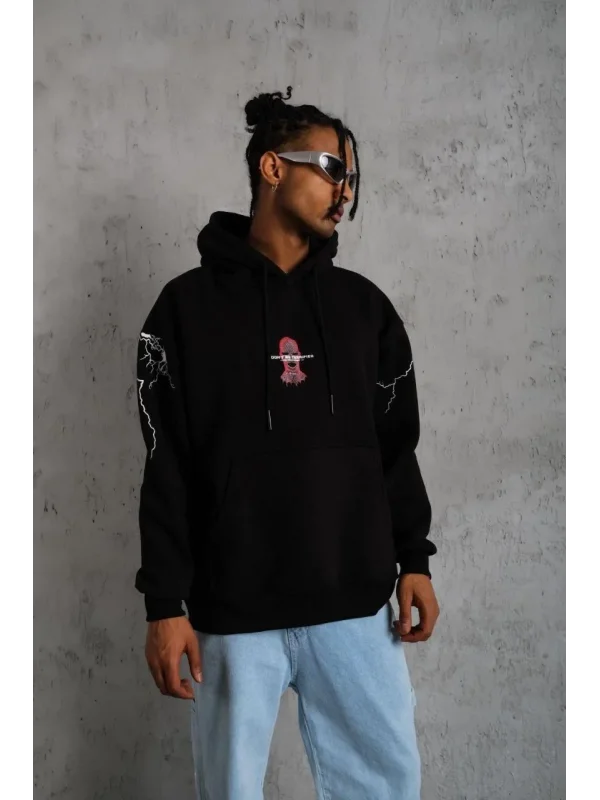 Lushiowear Erkek 3 İplik Pamuklu Kapüşonlu Baskılı Cepli Oversize Sweatshirt Hoodie - Siyah