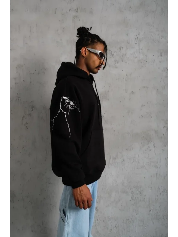 Lushiowear Erkek 3 İplik Pamuklu Kapüşonlu Baskılı Cepli Oversize Sweatshirt Hoodie - Siyah