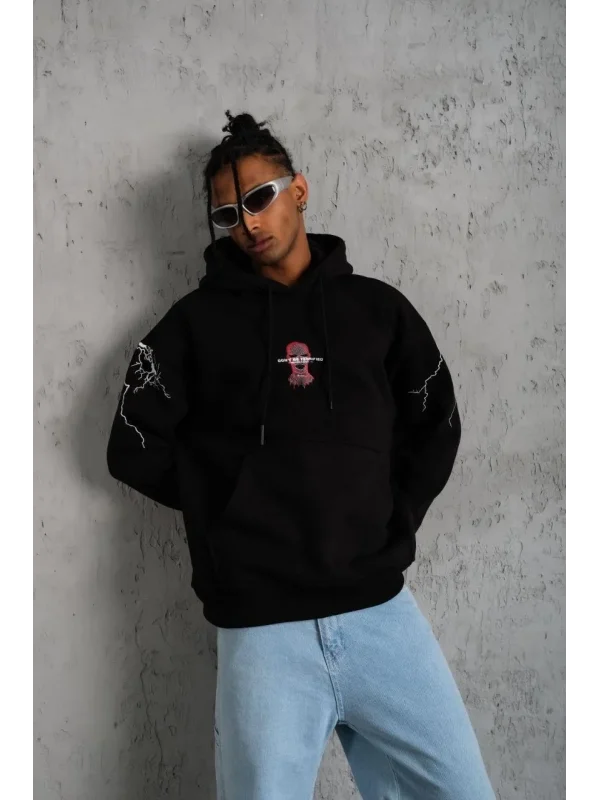 Lushiowear Erkek 3 İplik Pamuklu Kapüşonlu Baskılı Cepli Oversize Sweatshirt Hoodie - Siyah