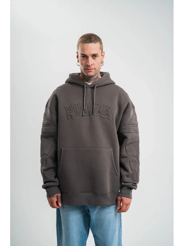Erkek Nakış İşlemeli Kapşonlu Antrasit Sweatshirt Üç İplik Double Oversize- Füme