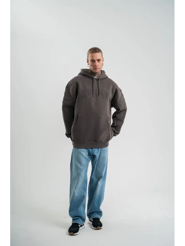 Erkek Nakış İşlemeli Kapşonlu Antrasit Sweatshirt Üç İplik Double Oversize- Füme