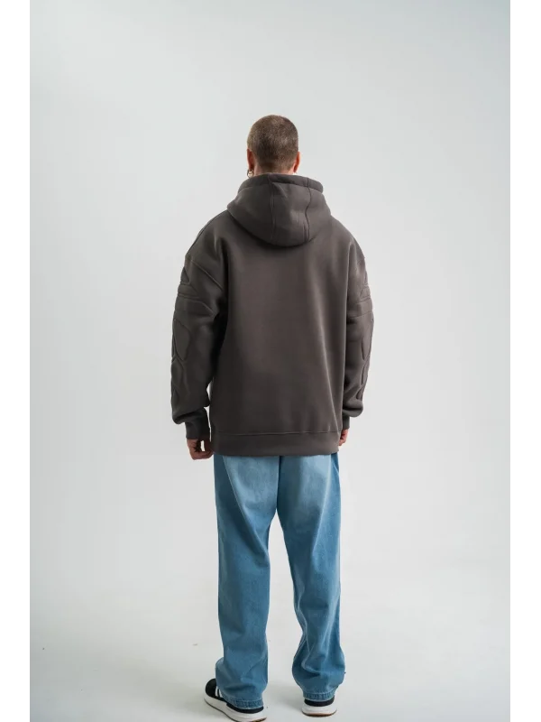 Erkek Nakış İşlemeli Kapşonlu Antrasit Sweatshirt Üç İplik Double Oversize- Füme