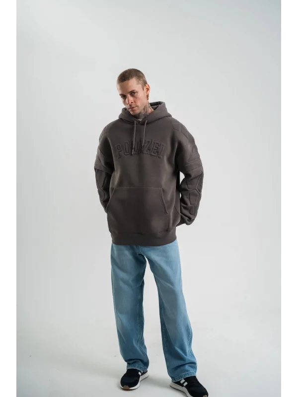 Erkek Nakış İşlemeli Kapşonlu Antrasit Sweatshirt Üç İplik Double Oversize- Füme