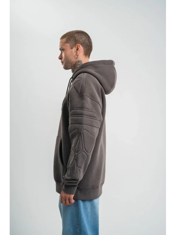Erkek Nakış İşlemeli Kapşonlu Antrasit Sweatshirt Üç İplik Double Oversize- Füme