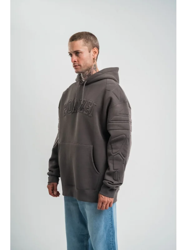Erkek Nakış İşlemeli Kapşonlu Antrasit Sweatshirt Üç İplik Double Oversize- Füme