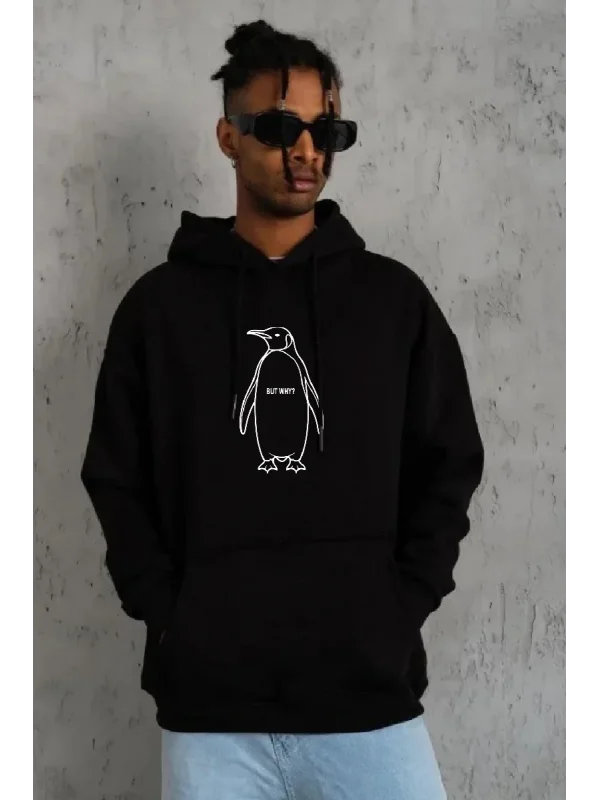 Erkek Nihilist Penguen Özel Tasarım Oversize Kapüşonlu Sweatshirt - Siyah