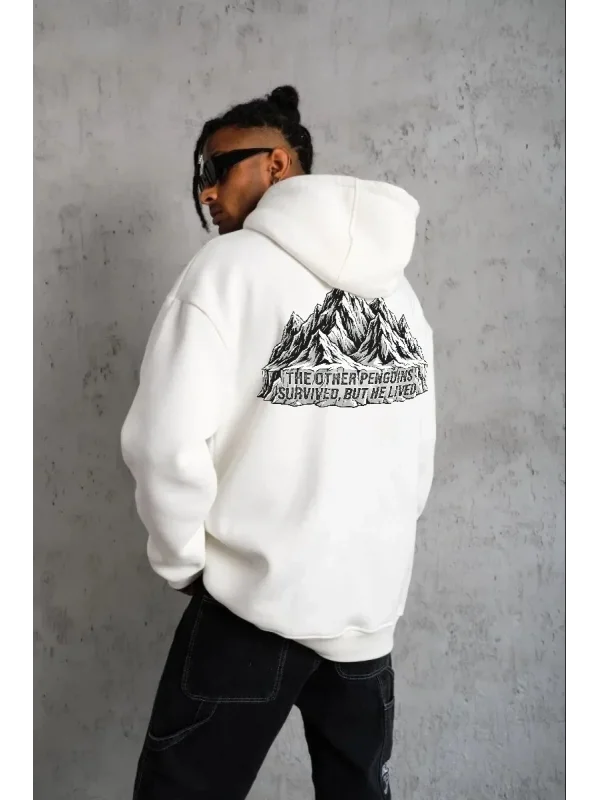 Erkek Nihilist Penguen Temalı Oversize Kapüşonlu Sweatshirt - Beyaz