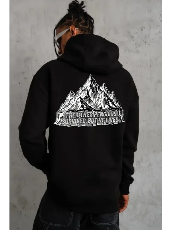 Erkek Nihilist Penguen Temalı Oversize Kapüşonlu Sweatshirt - Siyah