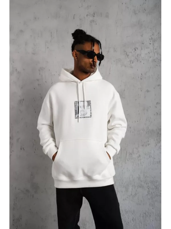 Erkek Ön Arka Baskılı Kapşonlu Sweat - Beyaz