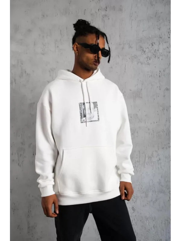 Erkek Ön Arka Baskılı Kapşonlu Sweat - Beyaz
