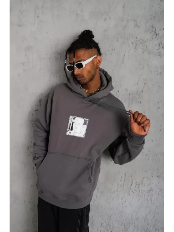 Erkek Ön Arka Baskılı Kapşonlu Sweat - Gri
