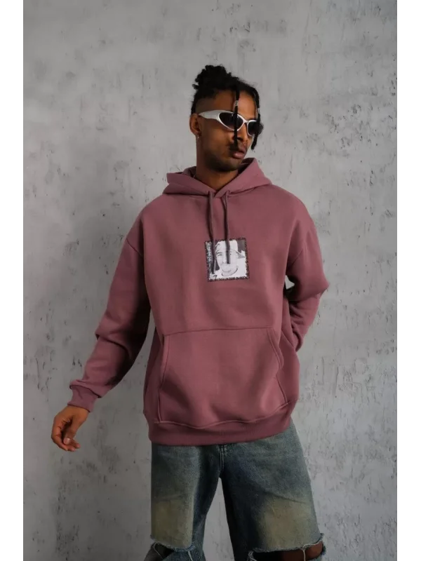Erkek Ön Arka Baskılı Kapşonlu Sweat - Gül Kurusu