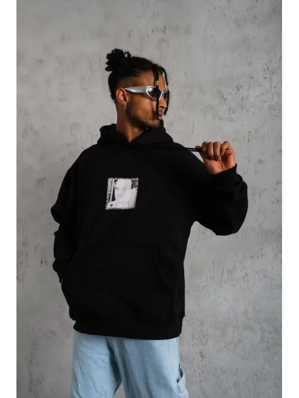 Lushiowear Erkek 3 İplik Pamuklu Kapüşonlu Baskılı Cepli Oversize Sweatshirt Hoodie - Siyah