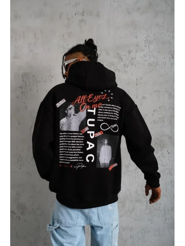 Lushiowear Erkek 3 İplik Pamuklu Kapüşonlu Baskılı Cepli Oversize Sweatshirt Hoodie - Siyah