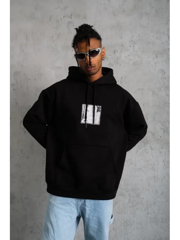 Lushiowear Erkek 3 İplik Pamuklu Kapüşonlu Baskılı Cepli Oversize Sweatshirt Hoodie - Siyah