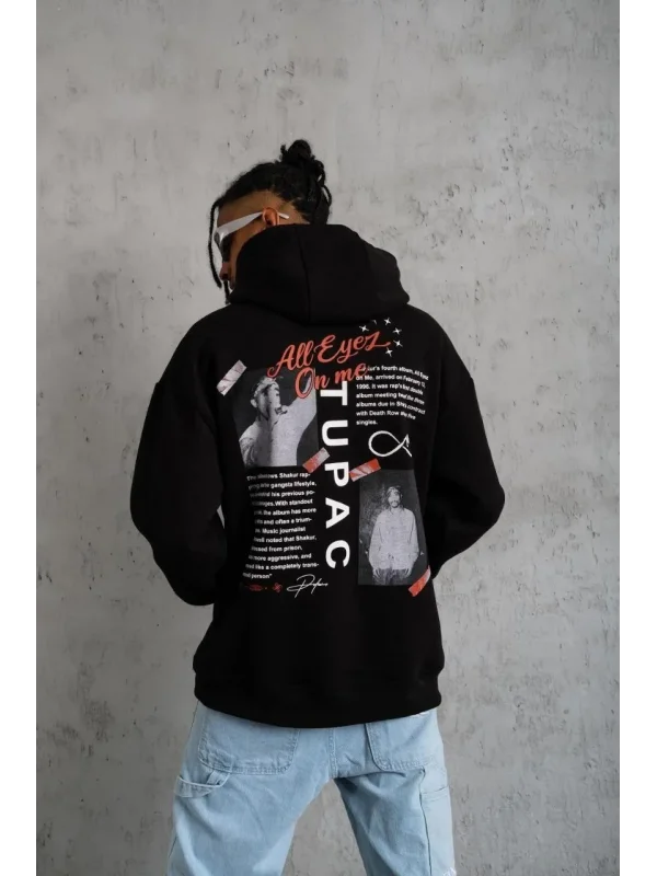 Lushiowear Erkek 3 İplik Pamuklu Kapüşonlu Baskılı Cepli Oversize Sweatshirt Hoodie - Siyah