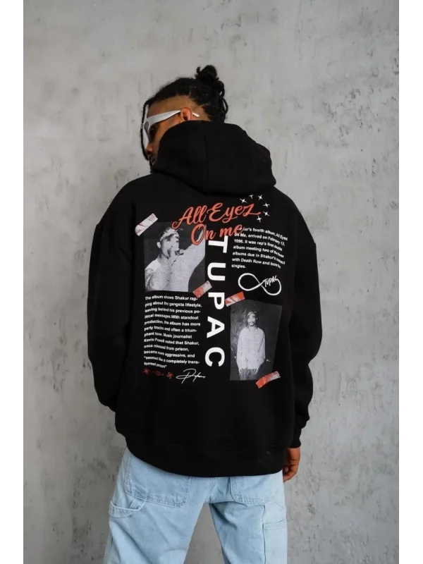 Lushiowear Erkek 3 İplik Pamuklu Kapüşonlu Baskılı Cepli Oversize Sweatshirt Hoodie - Siyah