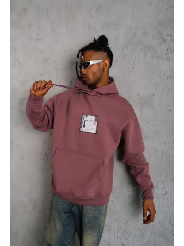 Lushiowear Erkek 3 İplik Pamuklu Kapüşonlu Baskılı Cepli Sweatshirt Hoodie - Gül Kurusu