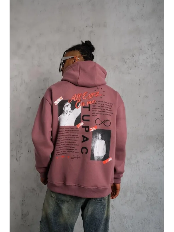 Lushiowear Erkek 3 İplik Pamuklu Kapüşonlu Baskılı Cepli Sweatshirt Hoodie - Gül Kurusu