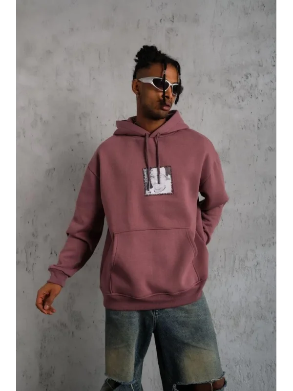 Lushiowear Erkek 3 İplik Pamuklu Kapüşonlu Baskılı Cepli Sweatshirt Hoodie - Gül Kurusu
