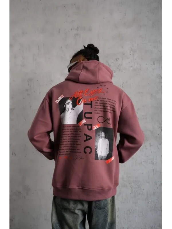 Lushiowear Erkek 3 İplik Pamuklu Kapüşonlu Baskılı Cepli Sweatshirt Hoodie - Gül Kurusu
