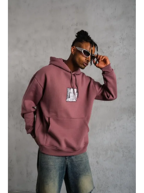 Lushiowear Erkek 3 İplik Pamuklu Kapüşonlu Baskılı Cepli Sweatshirt Hoodie - Gül Kurusu