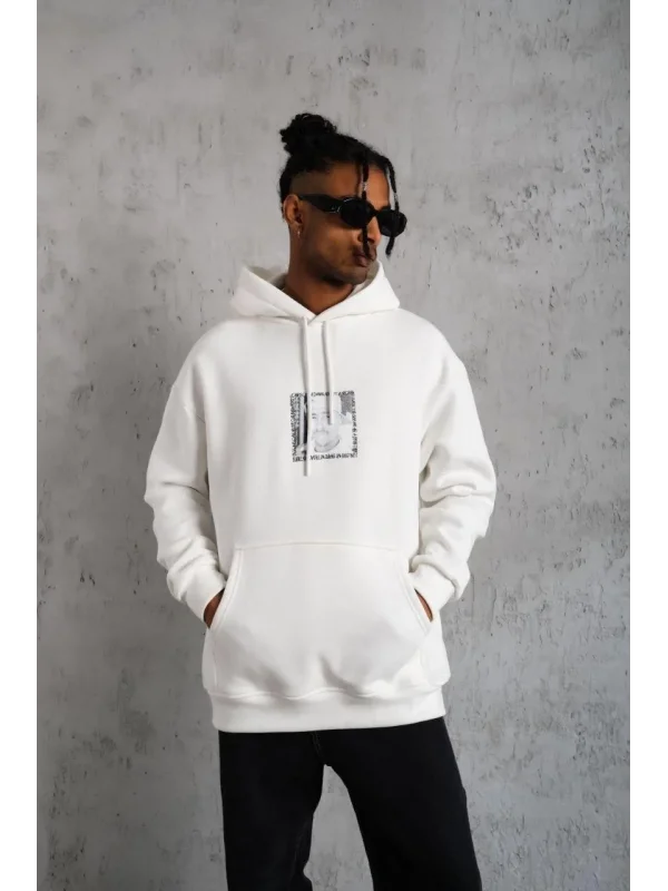 Lushiowear Erkek 3 İplik Pamuklu Kapüşonlu Baskılı Cepli Oversize Sweatshirt Hoodie - Beyaz