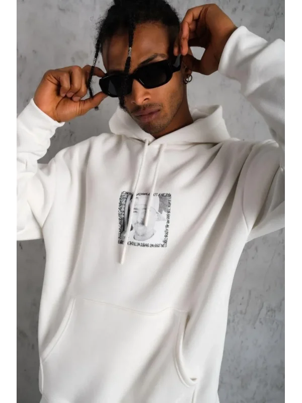 Lushiowear Erkek 3 İplik Pamuklu Kapüşonlu Baskılı Cepli Oversize Sweatshirt Hoodie - Beyaz