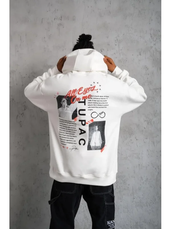 Lushiowear Erkek 3 İplik Pamuklu Kapüşonlu Baskılı Cepli Oversize Sweatshirt Hoodie - Beyaz
