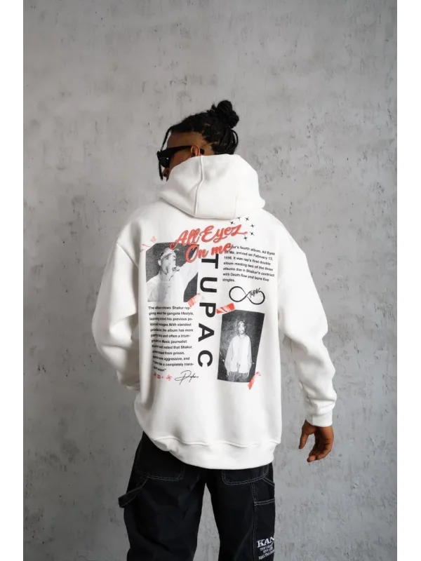 Lushiowear Erkek 3 İplik Pamuklu Kapüşonlu Baskılı Cepli Oversize Sweatshirt Hoodie - Beyaz