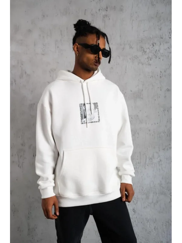 Lushiowear Erkek 3 İplik Pamuklu Kapüşonlu Baskılı Cepli Oversize Sweatshirt Hoodie - Beyaz