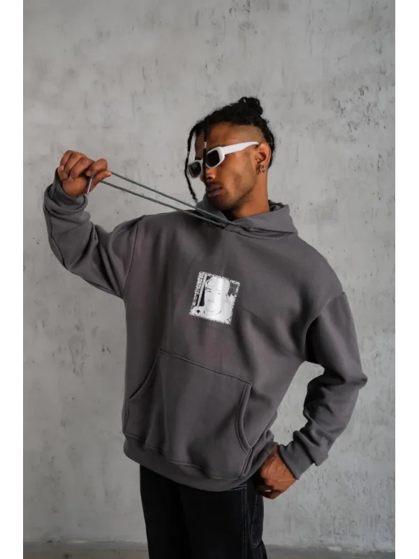 Lushiowear Erkek 3 İplik Pamuklu Kapüşonlu Baskılı Cepli Oversize Sweatshirt Hoodie - Gri