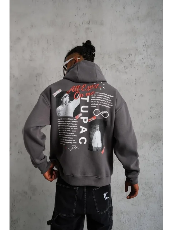 Lushiowear Erkek 3 İplik Pamuklu Kapüşonlu Baskılı Cepli Oversize Sweatshirt Hoodie - Gri